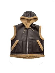 Gilet en cuir et fourrure de mouton pour femmes, capuche, cordon de serrage, Design polyvalent, mode, automne 2024, 1025