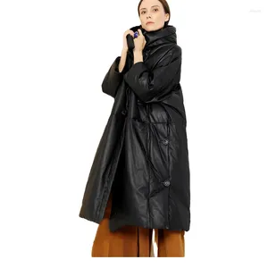 Doudoune en cuir de mouton pour femme, manteau chaud, ample, Long, noir, surdimensionné, vêtements d'extérieur à capuche, hiver