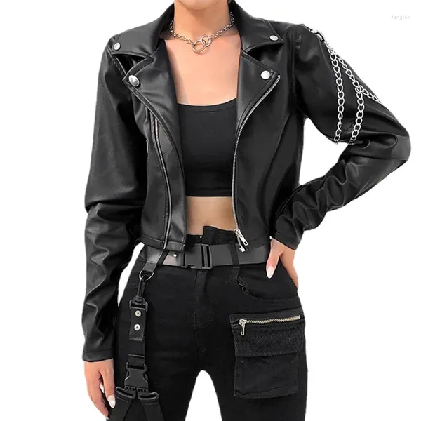 Cuero de cuero para mujeres corta pup put chaqueta de motos de pelaje pequeño cadena de brazo de moda