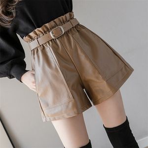Lederen shorts met dames hoge taille elastische aline wideleined met riem zwart bruin elegante pu bodems casual korte femme 220527