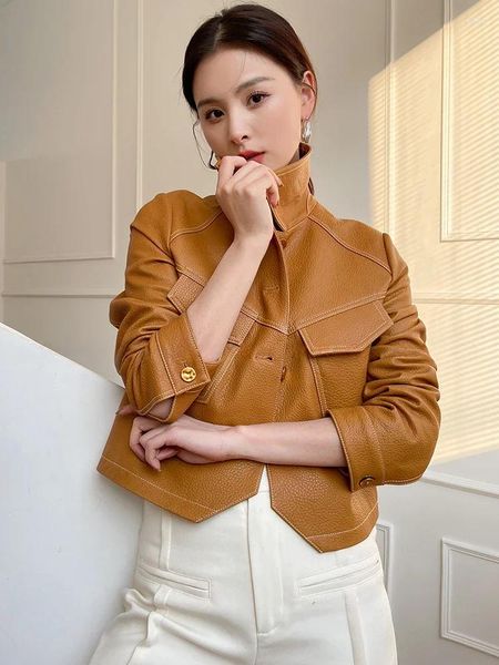 Veste courte en cuir véritable pour femme, manteau Simple et décontracté, couleur unie, en peau de mouton véritable, automne 2023