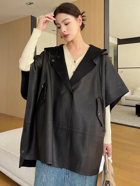 Cazón de piel de oveja con capas con capucha con capucha con capucha para mujeres otoño 2023 chaqueta genuina de gran tamaño negro simple
