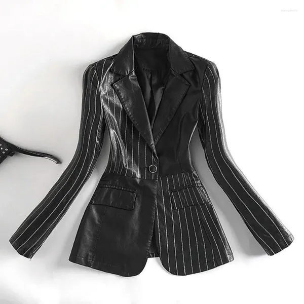 Veste de costume rayée en cuir pour femmes, manteau Slim coréen pour moto occidentale, daim noir, printemps et automne