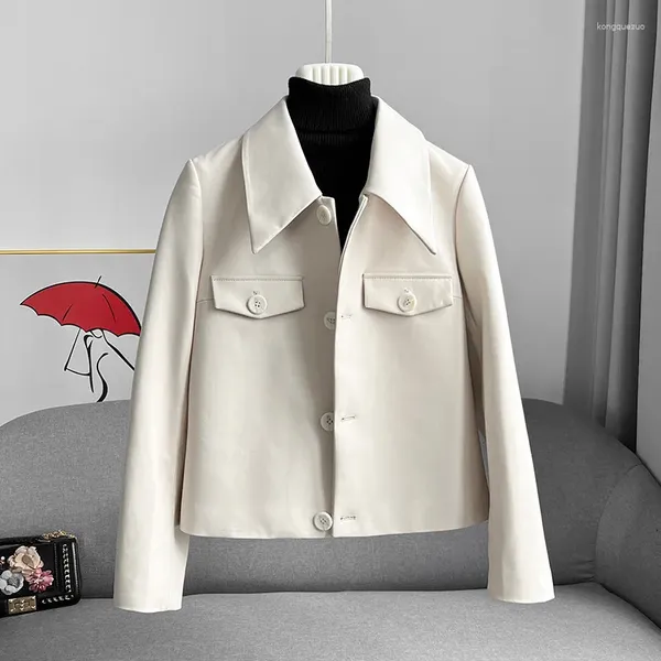 Veste courte en cuir pour femmes, mode printemps et automne, blanc, Slim, peau de mouton, petit Blazer, vestes pour dames