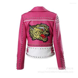 Femmes en cuir printemps et automne rose vestes pour femmes tigre brodé Faux Moto PU veste manteau avec Rivets