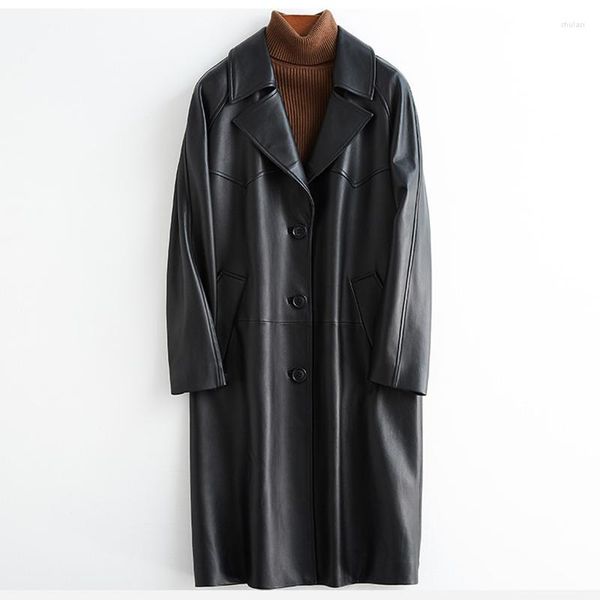 Trench-Coat surdimensionné en cuir noir pour femmes, manches Raglan, revers, ample, décontracté, élégant, mode coréenne, printemps automne, 2023