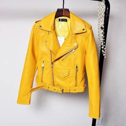 Femmes en cuir printemps automne Faux jaune Bomber veste Locomotive ceinturé PU manteau fermeture éclair Cardigan col rabattu Streetwear Crop hauts