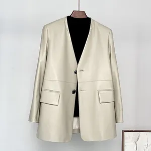 Dames leren lente/herfst echte kleding Design Sense V-hals schapenvacht pak geavanceerde jas