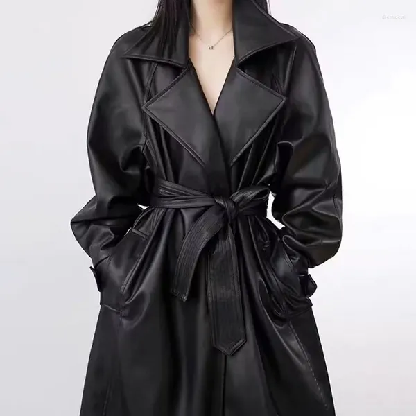 Trench-Coat noir en cuir pour femmes, Long, surdimensionné, avec ceinture, bouton unique, ample, élégant, mode coréenne, printemps automne, 2024