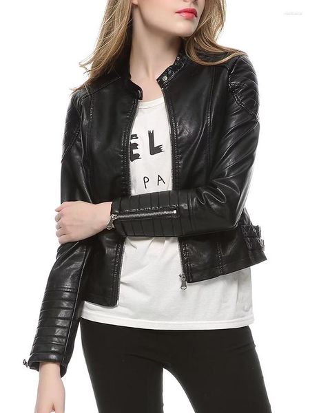 Abrigo de piel sintética para motociclista de primavera y otoño para mujer, Chaqueta corta de imitación a la moda para mujer, ropa de calle para mujer, prendas de vestir ajustadas con cuello redondo y cremallera