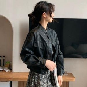 Femmes en cuir printemps automne femmes Faux veste Slim Streetwear noir manteau motard Moto avec fermeture éclair vêtements d'extérieur pour femmes Q412