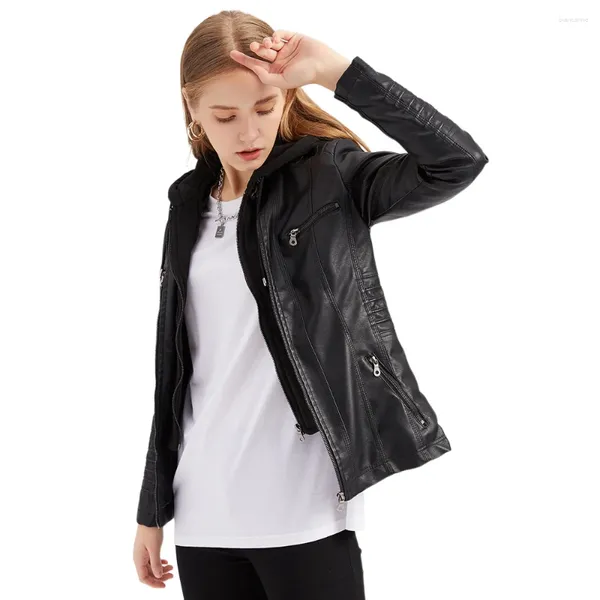 Chaquetas de cuero para mujer Primavera Otoño Chaquetas de motocicleta de PU de alta calidad Cuello alto Chaqueta de motociclista ajustada Chaquetas de sombrero desmontables de dos piezas