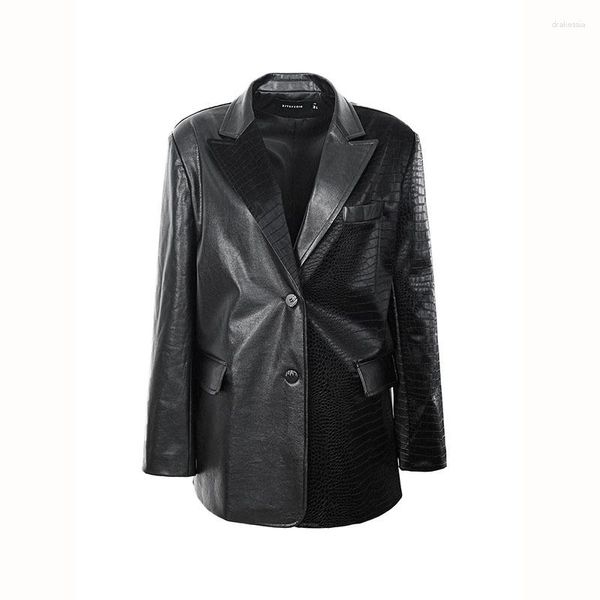 Mujer Cuero Primavera Mujer Negro Casual Patrón De Cocodrilo Chaqueta De Traje De Imitación Ropa De Calle Moda Cuello con Muescas Manga Larga Blazers Abrigo