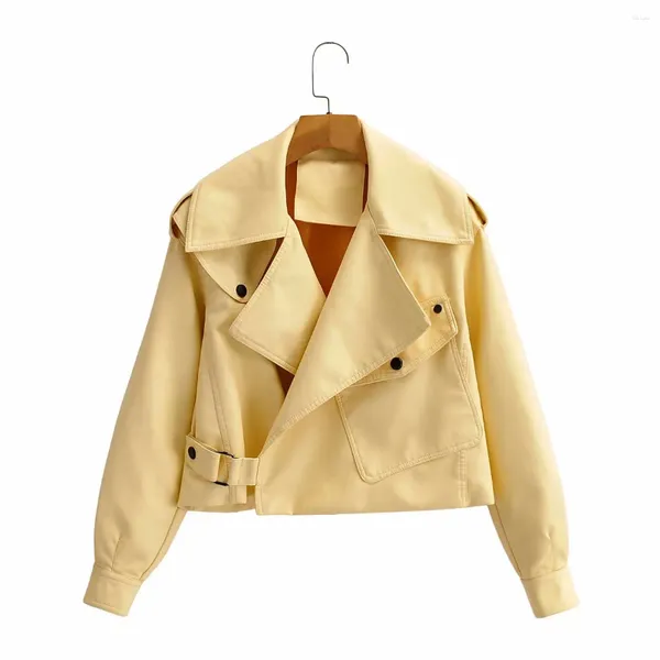 Chaqueta de cuero de imitación para mujer, abrigo de motorista amarillo y negro con cuello vuelto, chaquetas de motocicleta de PU, ropa informal suelta, primavera