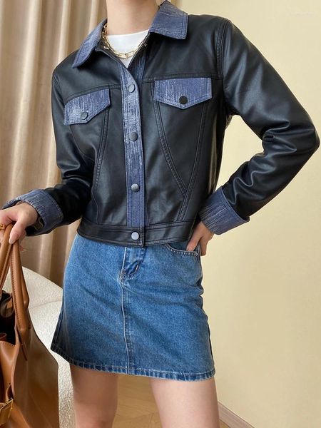 Veste en Denim cousue en cuir pour femmes, manteau court en Faux cuir à revers classique, tendance printemps automne 2023