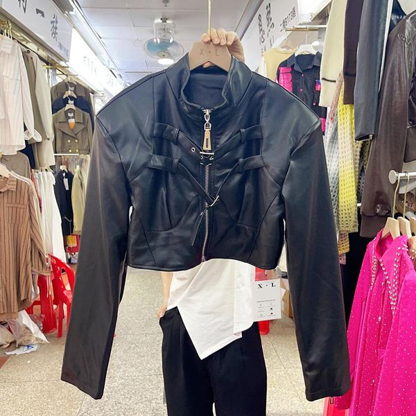 Ropa de calle de cuero para mujer, chaqueta corta ajustada negra de imitación de PU, cuello levantado, manga larga, motociclista para primavera y otoño