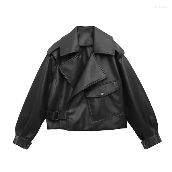 Veste en cuir Pu pour femmes, Streetwear, manches longues, revers, ample, bouton unique, manteau de motard, printemps automne