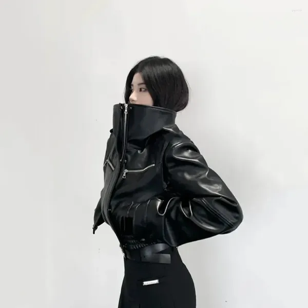 Vestes en cuir PU pour femmes, Streetwear rétro, col montant, solide, mode printemps-automne, Emo basique Chic hauts manteau