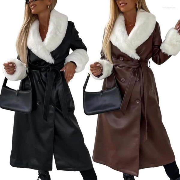 Manteau d'hiver chaud et élégant en cuir pour femme, Parka à manches longues pour femme, mode avec ceinture, livraison directe