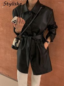 Trench-Coat en cuir PU pour femmes, élégant, ceinture, revers noir, veste de bureau, marron, manteaux longs, vêtements de sport
