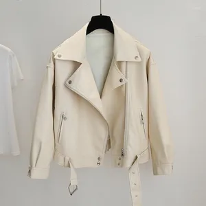 Femmes en cuir à la mode printemps automne fausse veste courte femmes revers noir moto vestes Punk manteau Vintage fermeture éclair vêtements d'extérieur avec ceinture