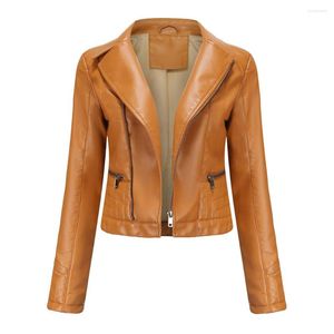 Chaqueta Vintage de cuero para mujer, chaqueta corta para motociclista con cremallera para primavera y otoño, abrigo negro y marrón, café morado, 2023