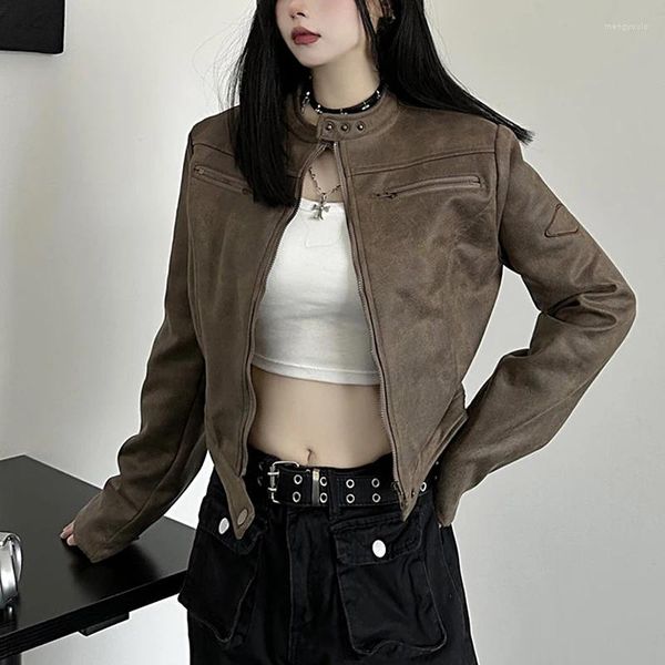 Veste vintage en cuir féminin Femme Spring Hiver Long Moto Biker Zipper Streetwear Harajuku Y2k Coat lâche