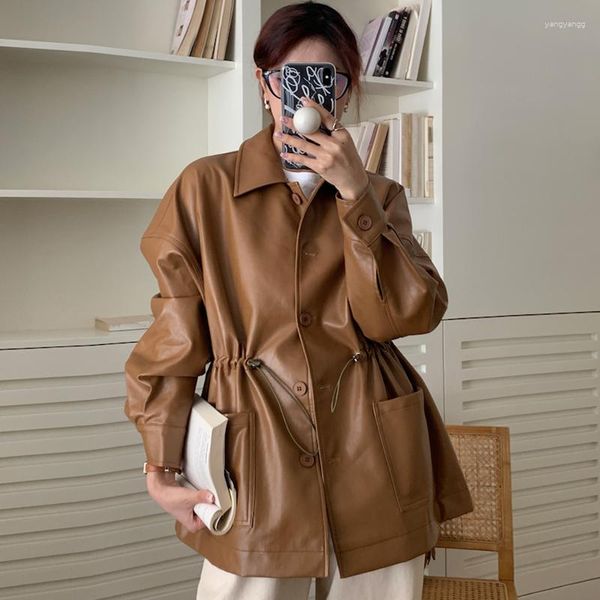 Lapa vintage de cuero para mujeres Drawstring Winist Faux Pu Coat Spring Autumn Mujeres Corea Corea suelta Biker chaqueta streetwear