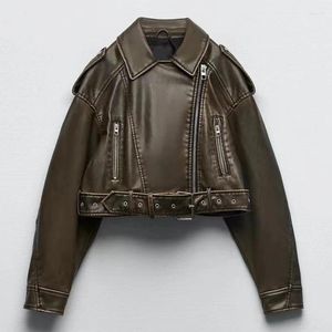 Veste en cuir Vintage pour femmes, Y2k, Streetwear, courte, PU, fausses ceintures de moto, fermeture éclair, vêtements d'extérieur, manteau de motard