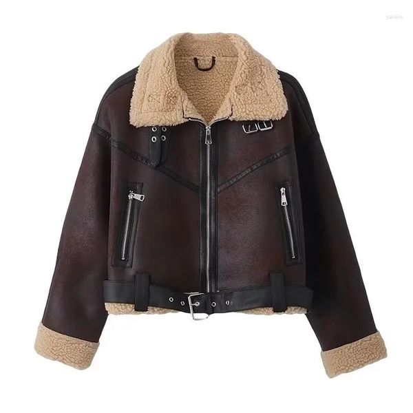 Women's Leather VOLALO automne femmes mode épais chaud Faux peau de mouton veste manteau Vintage à manches longues ceinture ourlet vêtements de dessus pour femmes Chic hauts