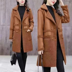 Manteau en cuir pour femmes portant un manteau de fourrure des deux côtés, coupe-vent mi-long à deux boutons, automne/hiver 2023