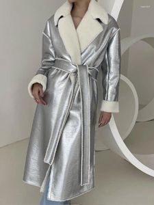 Manteau épais en cuir pour femme, mode hiver, laine d'agneau métallique, ceinture argentée, revers, manches longues, manteaux féminins, Streetwear, pardessus