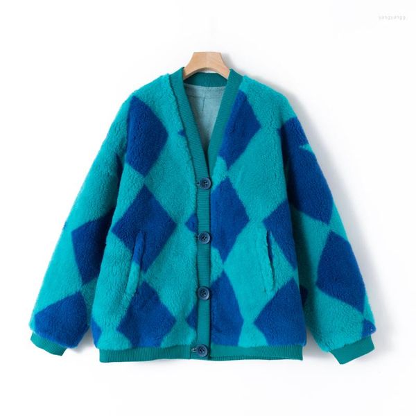Manteau d'hiver en fausse fourrure pour femme, en laine, damier intégré, pardessus surdimensionné, à la mode, veste moelleuse, bleu