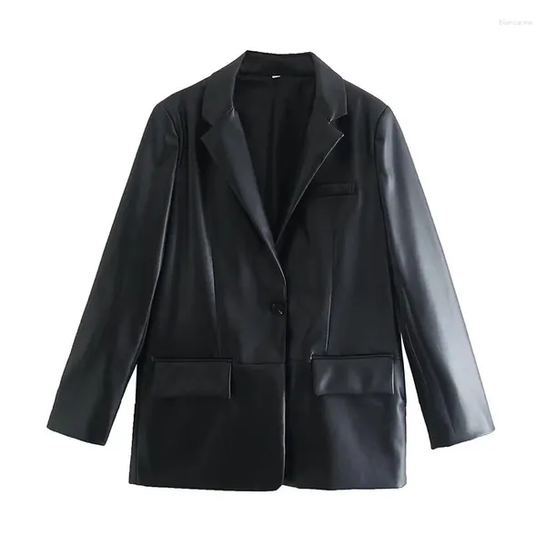 Blazer en cuir pour femmes, Faux vent neutre, décontracté, un bouton, ample, classique, rétro, manches longues, court, noir, hiver, 2023