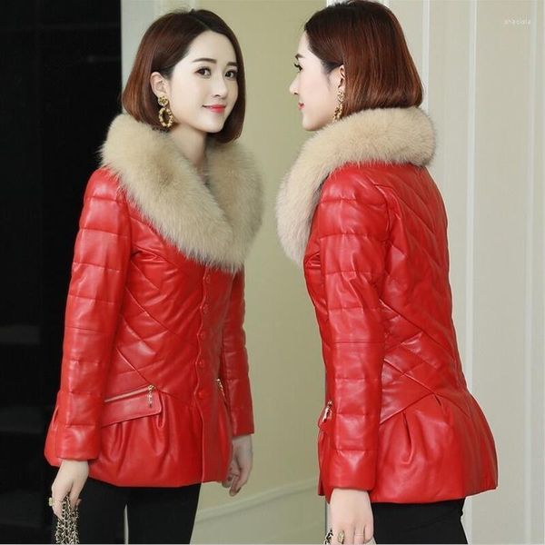 Veste d'hiver en cuir pour femmes femmes 2023 manteau de fourrure Parka Plus velours épais mince vêtements vêtements d'extérieur pour femmes rouge