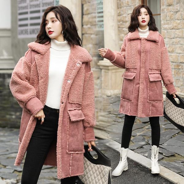 Femmes cuir hiver longue daim Faux veste femmes grande taille femme rose chaud femme manteau dames coupe-vent surdimensionné