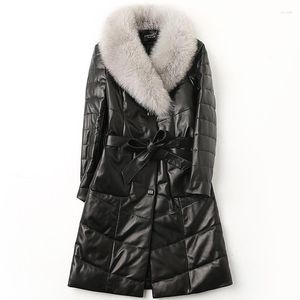 Manteau d'hiver en cuir de mouton pour femme, manteau à col, grande taille, fourrure noire chaude, épaisse, à la mode, ceintures amples, veste authentique, S-6XL