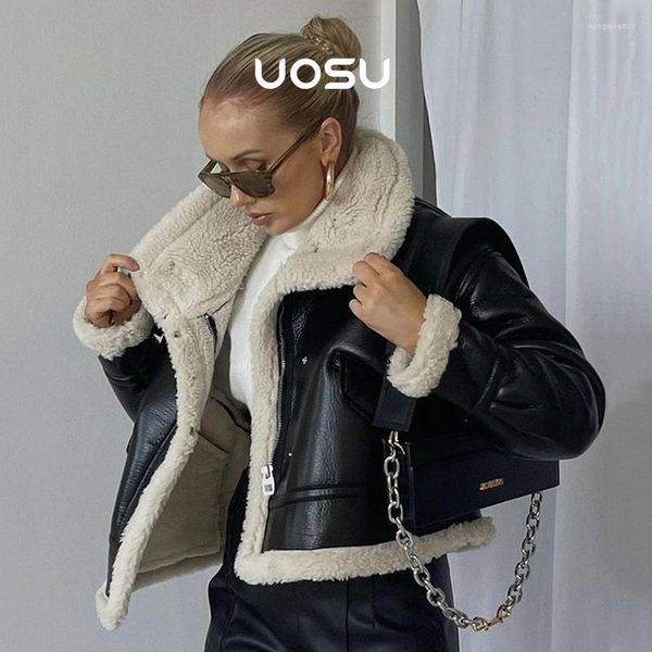 Mujer Cuero Invierno Grueso Cálido Shearling Mujer Chaqueta Abrigo Punk Girls Street Moda Abrigo Imitación Piel De Cordero Forro Motor Chaquetas Abrigos