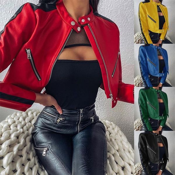 Chaqueta de cuero para mujer de otoño 2023 para motocicleta, chaqueta corta suave de imitación con cremallera para mujer, abrigo de calle básico para mujer, negro y rojo