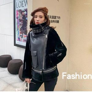 Manteau d'hiver en cuir pour femmes, veste en peau de mouton véritable, Patchwork, doublure en laine, vêtements noirs, à la mode, 2023