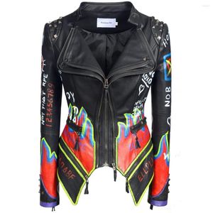 Veste de dessin colorée pour femmes en cuir pour femmes Rivet Slim PU Artificiel Graffiti Steampunk Moto Main-peinture Streetwear Manteau