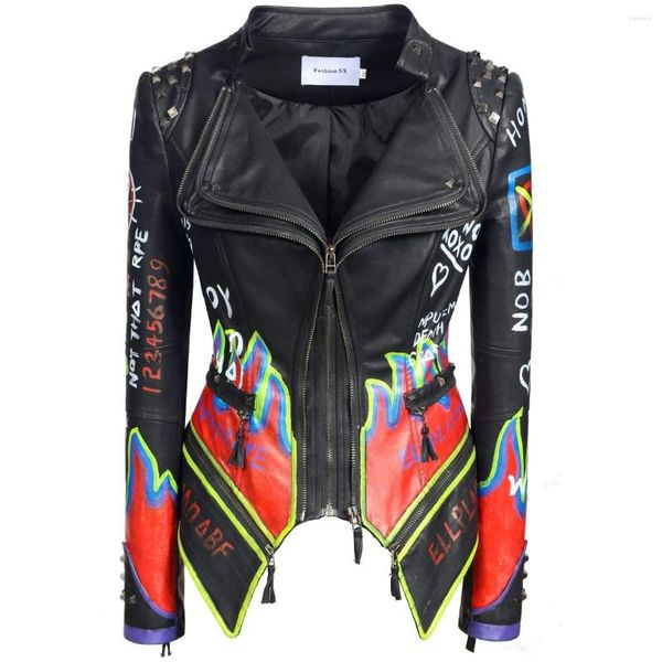 Veste de dessin colorée pour femmes en cuir pour femmes Rivet Slim PU Artificiel Graffiti Steampunk Moto Main-peinture Streetwear Manteau