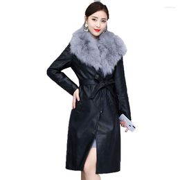 Femmes en cuir femmes veste hiver 2022 ajouter velours chaud mince grand col de fourrure Long manteau vêtements d'extérieur pour femmes avec ceinture M-4XL