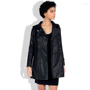 Femmes en cuir mi-longueur femmes taille Double boutonnage Slim Trench Coat Steam Punk Pu veste artificielle