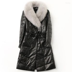 Winterjas voor dames lederen winterjas bont kraag echte schapenvacht jas dames mode riem echte down jassen vrouwen lange kleding top