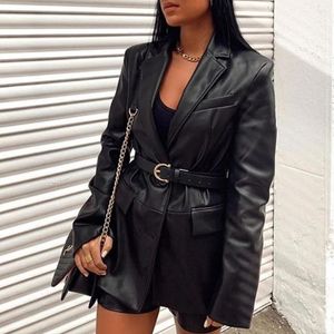 Veste en cuir pour femme, fausse veste noire, manches longues, revers, simple boutonnage, hiver, mode féminine, manteaux gothiques pour filles