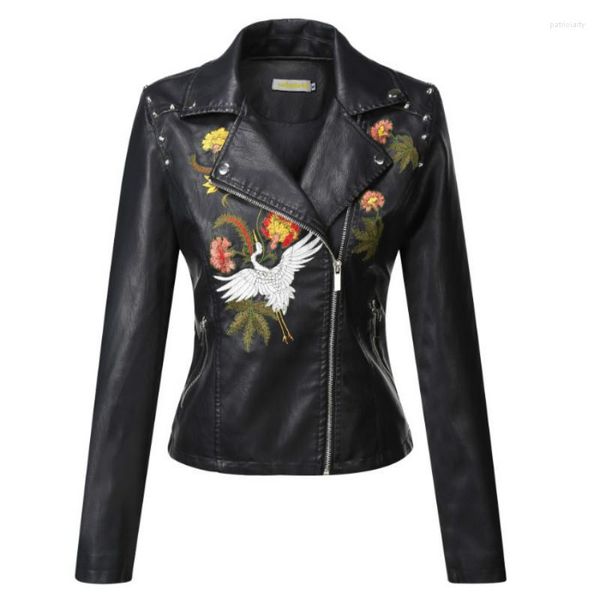 Femmes en cuir femmes Bomber fleur brodé Faux veste moto PU manteau mince taille haute broderie florale revers Rivets Cardigan