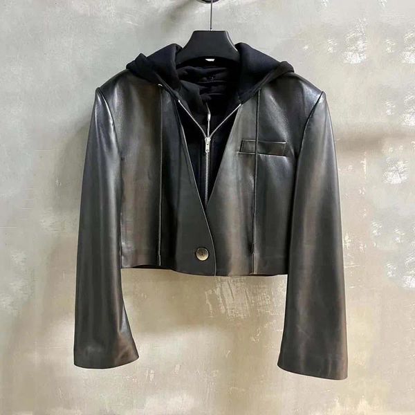 Femmes en cuir femmes manteau printemps 2023 arrivée vêtements ultra-courts avec capuche détachable importation véritable peau de mouton de haute qualité femme pardessus