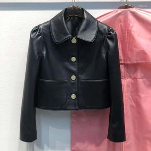 Abrigo de cuero para mujer primavera y otoño 2023 moda de longitud corta chaqueta genuina de manga de burbuja de un solo pecho de alta calidad