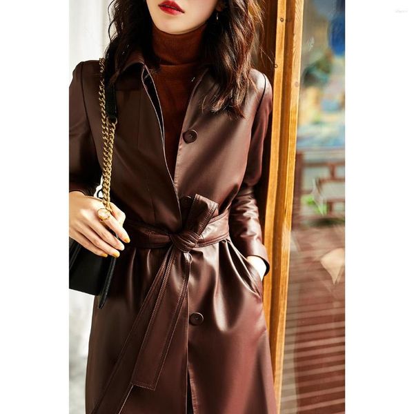 Femmes en cuir femmes automne hiver 2023 élégant Long en peau de mouton Trench manteaux cordon véritable manteau veste